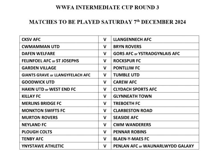 Third round draw for the West Wales Intermediate Cup